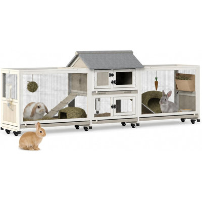 Clapier en bois à 2 étages de 93 pouces (236 cm) pour lapins et cochons d'Inde, avec double enclos, toit en asphalte, 4 tiroirs amovibles, 8 roues et plusieurs portes d'accès.