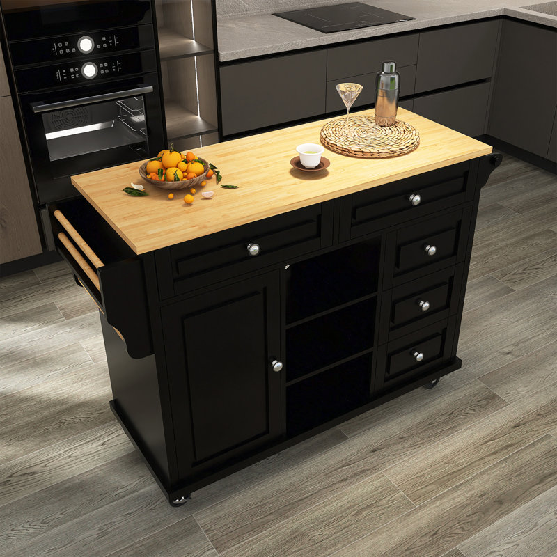 Chariot de cuisine avec îlot de cuisine mobile en bois d'hévéa avec rangement et 5 tiroirs, Noir