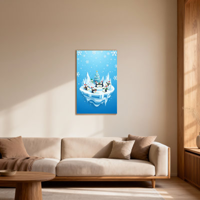 Christmas Penguins Snowman Christmas Tree Ice Island Snowflakes Winter Scene