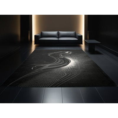 Tapis abstrait moderne et contemporain Chaplin Banshee lavable à la machine en gris - reliure noire