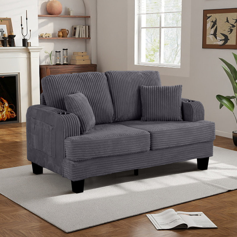  60" Upholstered Loveseat, 22.5" Deep Seats Sofa with Cup Holder and USB/Type-C Port, Corduroy, Gray