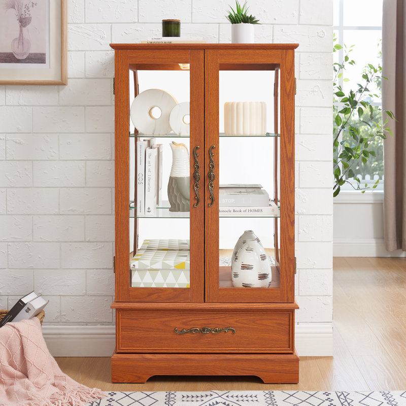 Vitrine vitrée éclairée avec tablettes réglables en verre 2 portes et 1 tiroir avec ampoule incluse CHÊNE FONCÉ