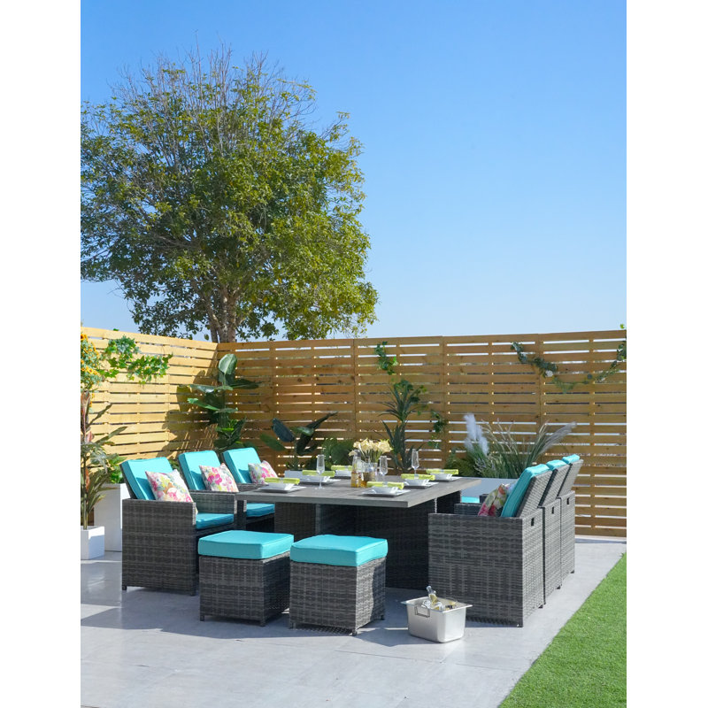 6 - Person Patio Dining Set Umbrella Hole Included Rectangular Table with Cushions Included, Cyan, Gray