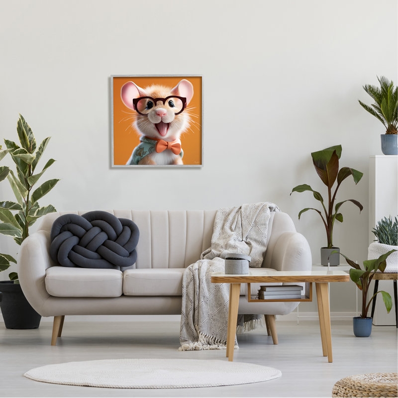 " Happy Mouse On Orange " by Roozbeh, 24" H x 24" W x 1.5" D, Farmhouse Grey Framed Giclee