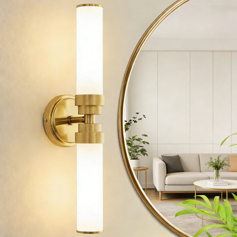 Modern Gold Wall Sconce With Milk Glass Shade, Up And Down Vanity Light For Bathroom, Hardwired Vertical Or Horizontal Mount Fixture