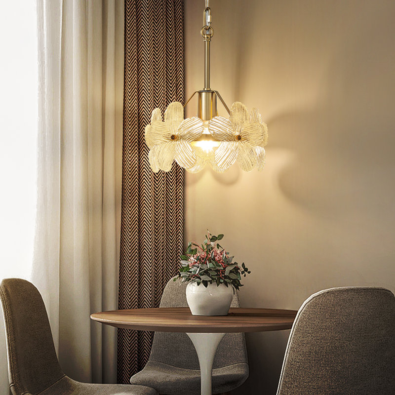 1 - Light Dimmable Single Pendant With 5 Glass Petal Shade, Gold