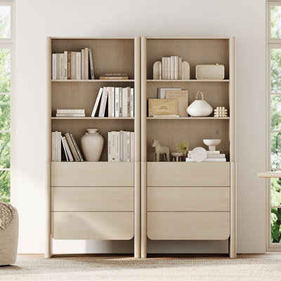Glorian 72.6" Tall 3-Tier Bookcase With 6 Drawers,63" W Modern French Open Display Bookshelf With Soft Curved Edges,Large Storage Unit For Living Room Home Office, Beige