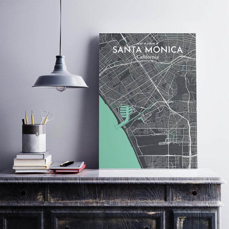 Santa Monica, carte de la ville, impression, Vert/gris, H 27,6 po x l 19,7 po