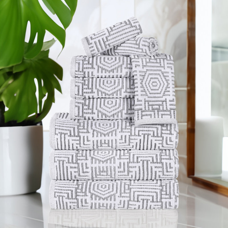 Cotton Modern Geometric Jacquard Soft Highly-Absorbent Assorted 9 Piece Bathroom Towel Set, Charcoal