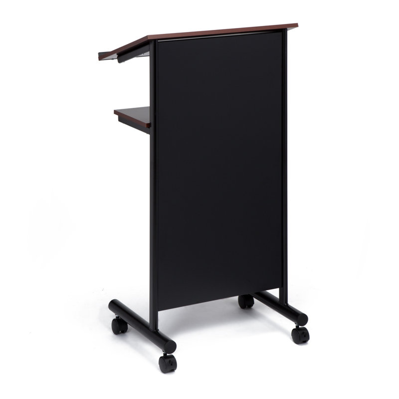 Black and Cherry Metal Standing Desk with Wheels and Shelves