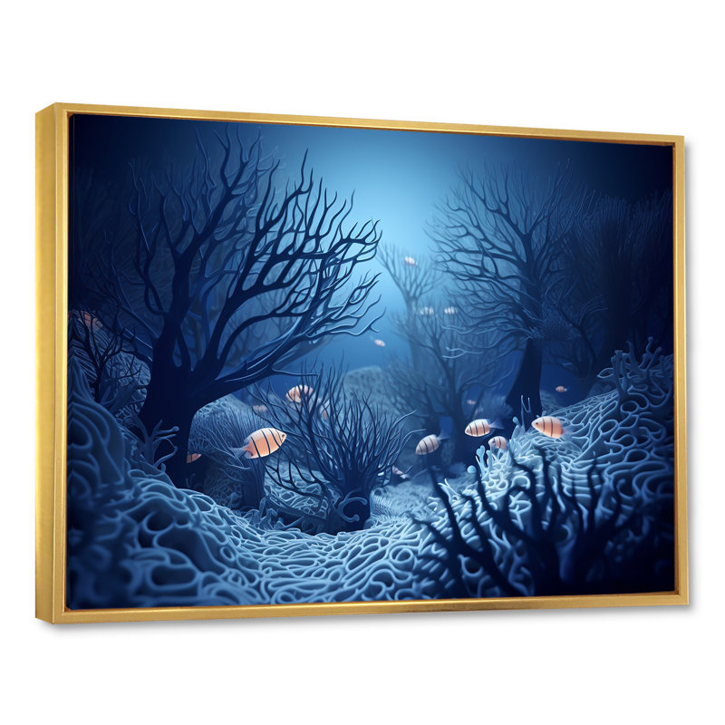 Art sous-marin bleu et noir sous-marin, Cadre flottant doré, H 12 po x l 20 po x P 1 po