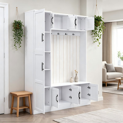 79-Inch Integrated Entryway Hall Tree Combines Bench, Cabinets, Coat Hooks And Adjustable Shelf, White