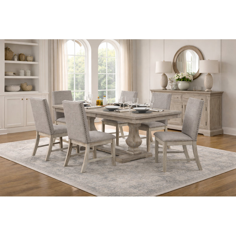 Hewitt Transitional Wire-Brushed Gray Dining Set, 7 Pieces: Table, 6 Chairs