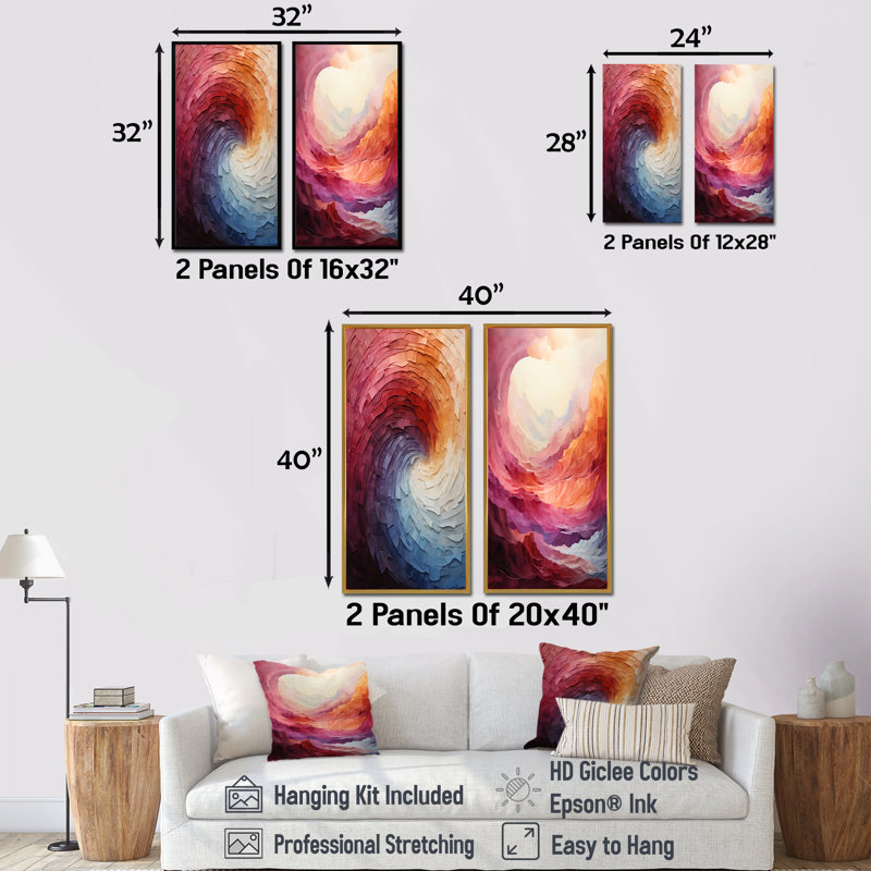 «Colorful Rainbow Wave I - Rainbow Spirals», ensemble de 2 reproductions d'art mural, Cadre flottant noir, H 40 po x l 41 po