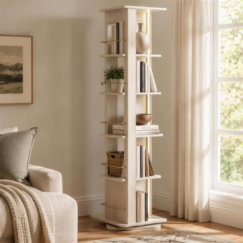 Bibliothèque pivotante à 6 niveaux avec éclairage DEL, tour de bibliothèque haute et étroite, rangement gain de place pour chambre, salon et bureau, blanche