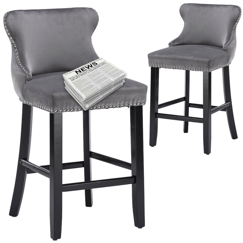 Velvet Upholstered Wing-Back Solid Wood Bar Stools  (Set of 2), Gray