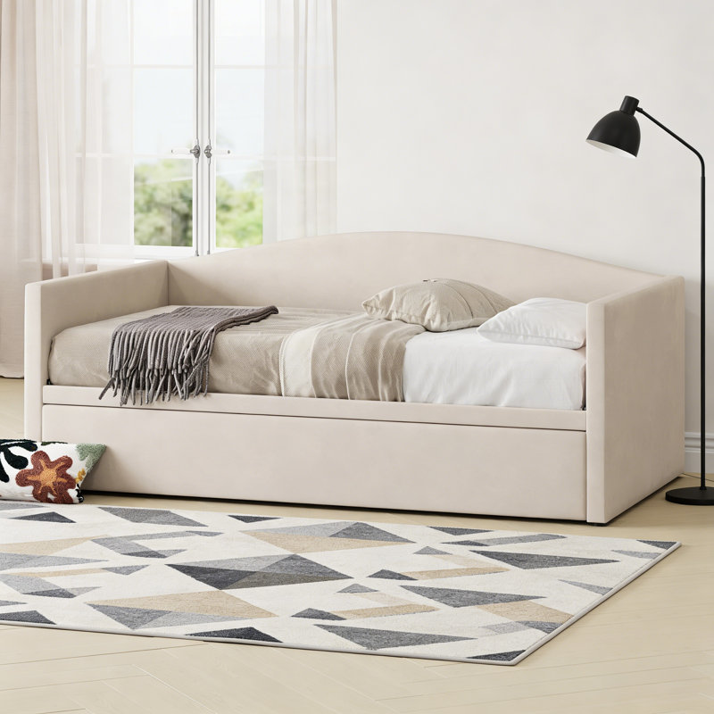 Space-Saving Twin Size Upholstered Daybed with Extended Pop-Up Trundle, Twin-to-King Convertible Sofa Bed for Guest Room