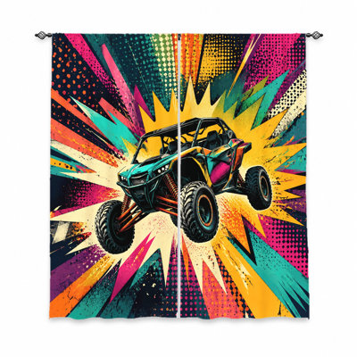 2Pcs ATV UTV curtains, light filtering fabric, vibrant abstract explosion pattern with a dynamic off-road vehicle, rod-pocket design, suitable for living room, bedroom, teen rooms home decoration
