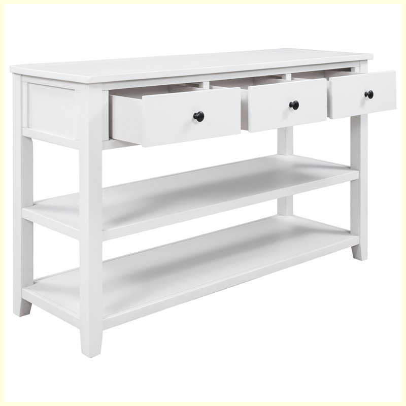 Console rétro avec deux tablettes ouvertes pour le salon, Blanc antique, Blanc antique