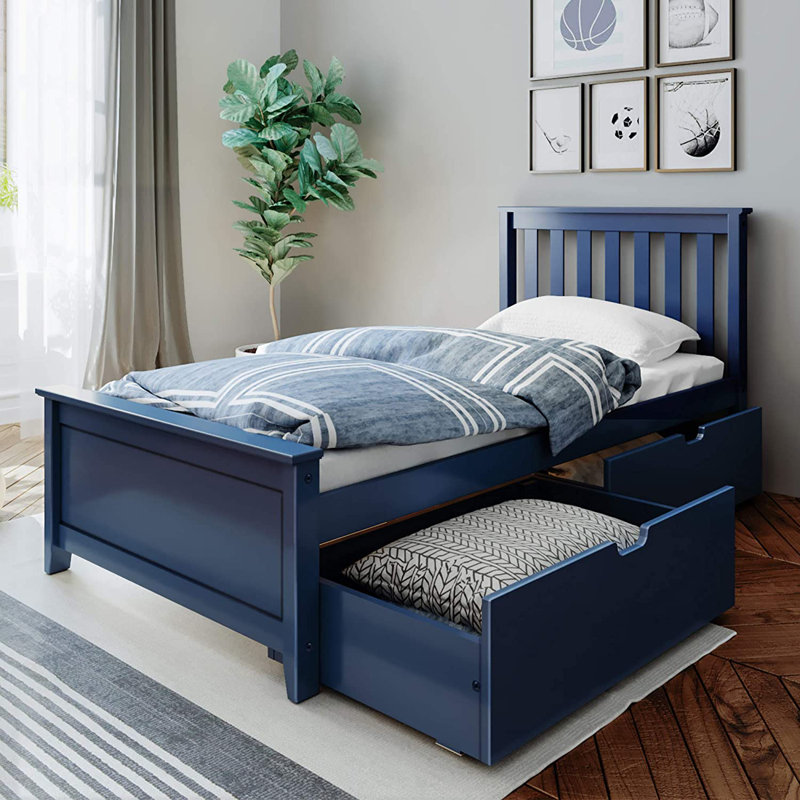 Lit plateforme double en bois massif Bolinger par Harriet Bee, Simple, Bleu