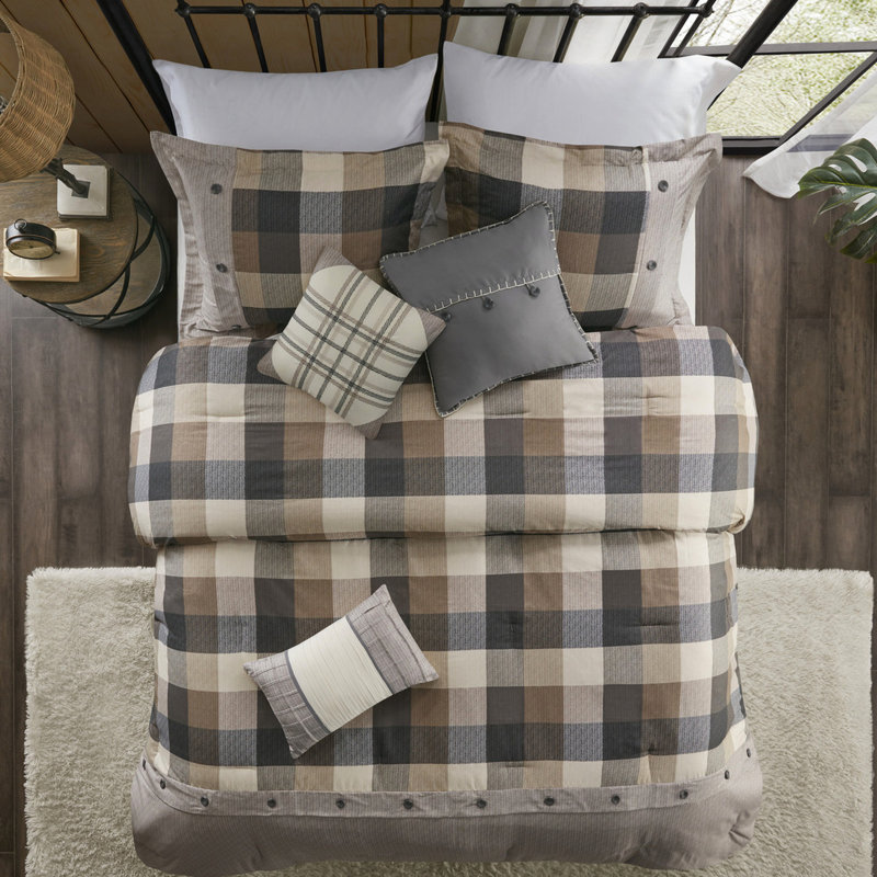 Édredon pour grand lit 7 pièces Ridge - Chevron neutre, tissu écossais Buffalo, lavable à la machine, coussins décoratifs, jupe de lit, tissu à chevrons, rembourrage, comprend édredon, taies décoratives, coussins et