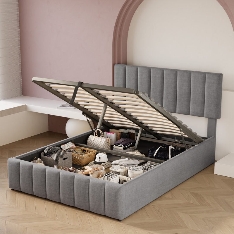 Juhi Upholstered Tufted Linen Platform Bed with Lift-up Storage and Reinforced Slat Support, Full, Gray