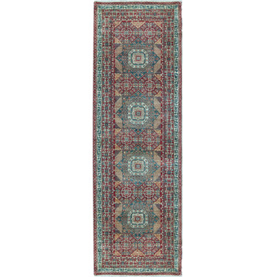 Hand-Knotted High-Quality Green, Red, and Brown Runner