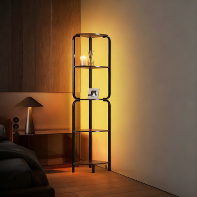 5-Tier LED Corner Shelf With Storage Rack, Metal Frame Display Bookshelf For Living Room, Bedroom, And Office Wall Corner Organization