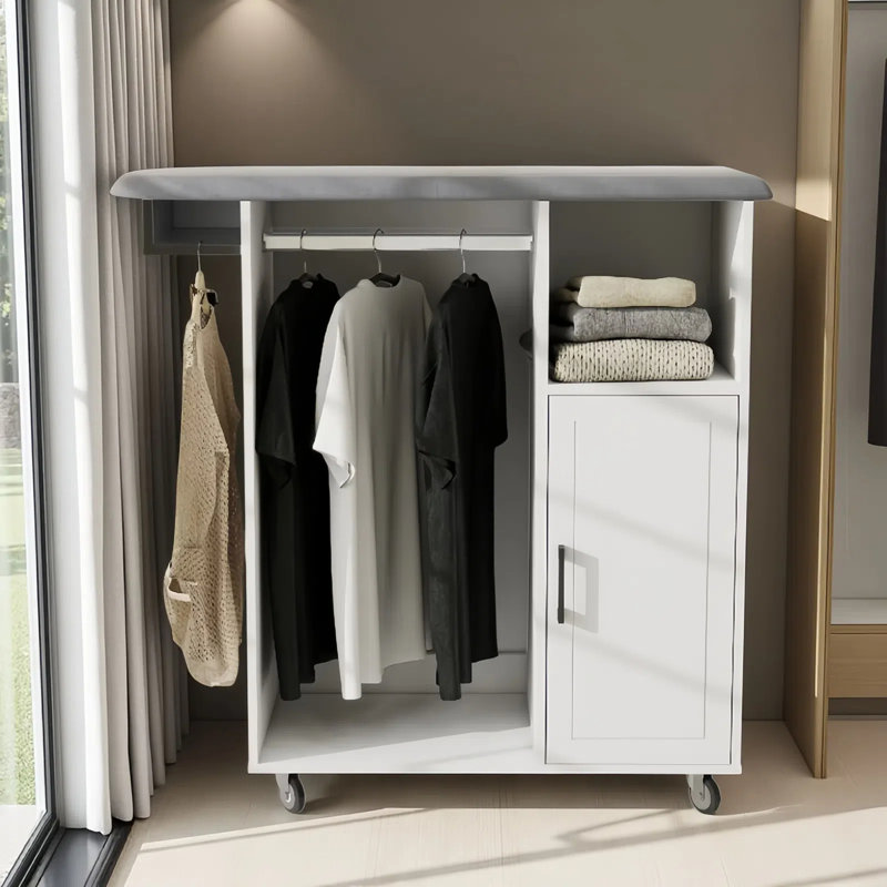 Foldable Ironing Board Cart On Wheels - Space-Saving Rolling Ironing Station With Storage Shelf