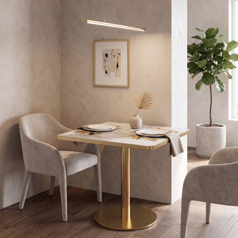 Table de salle à manger carrée en pierre frittée avec base dorée, Grège
