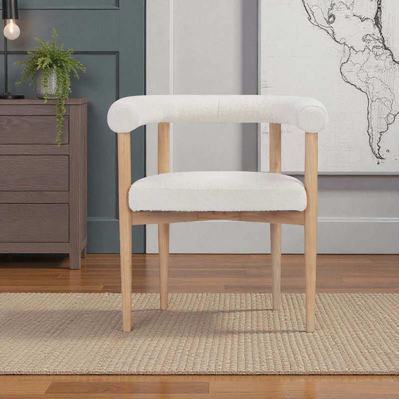 Pangea Home Bloom Accent Chair – White Bouclé Upholstered Chair Armchair with Natural Wood Frame, Modern Scandinavian Lounge Chair