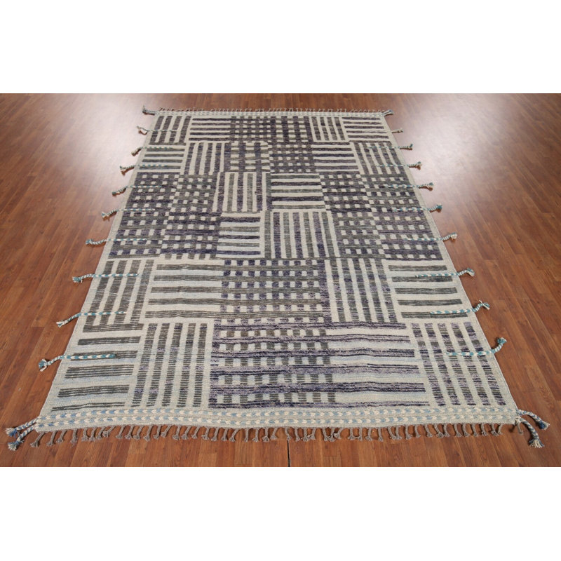 Tapis oriental rayé à carreaux en laine marocain 8 x 11