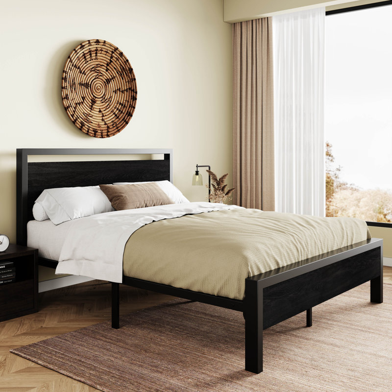 Lit plateforme en métal avec tête de lit en bois, Noir, Lit simple
