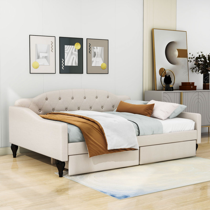Full Size Linen Upholstered  Daybed With Two Drawers And Slats