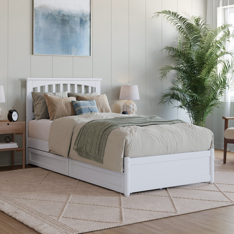 Lit plateforme en bois massif avec pied de lit et tiroirs sous le lit Asparas, Blanc, Simple TG