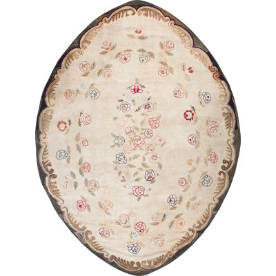Antique Floral Medallion Wool Hand Knotted Pile Ivory Beige Cream White 1880s Rug