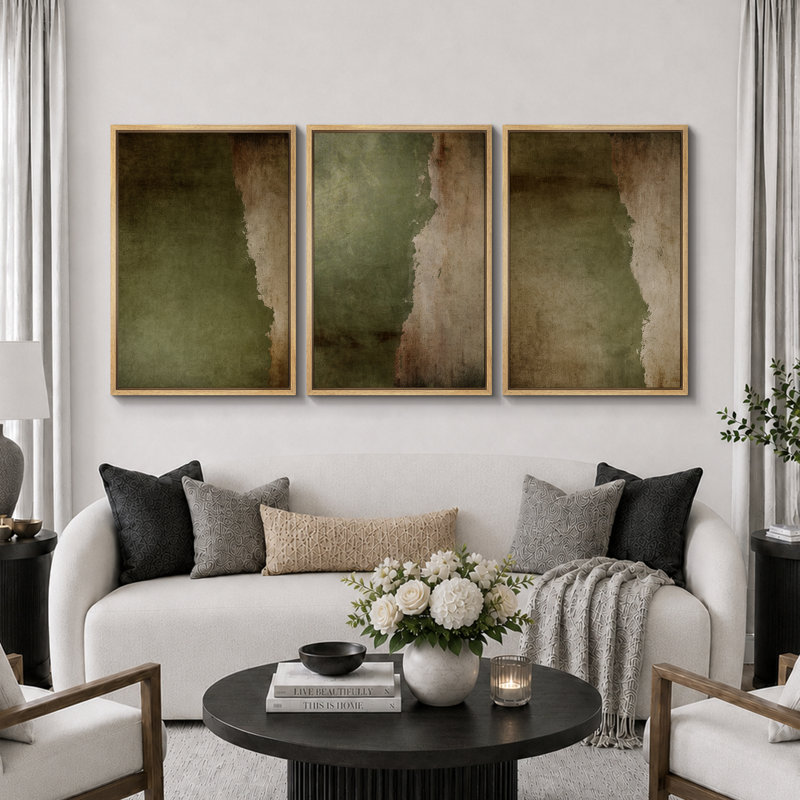 Subtile vert olive abstrait terre tons triptyque, H 36 po x l 72 po, Cadre naturel