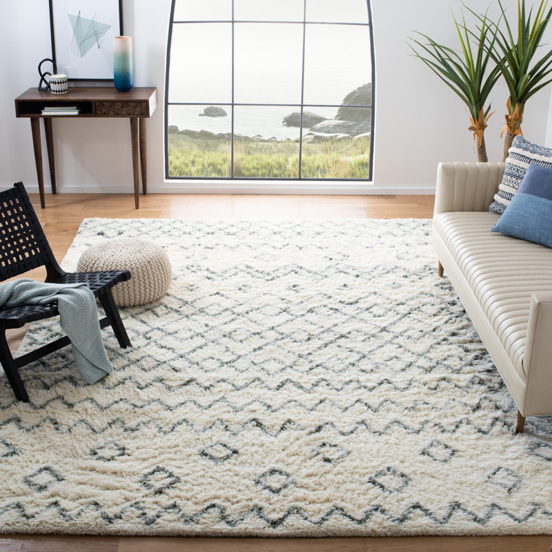 Tapis géométrique beige / bleu en laine et coton touffeté à la main Powell, Tapis de couloir 2 pi 3 po x 8 pi