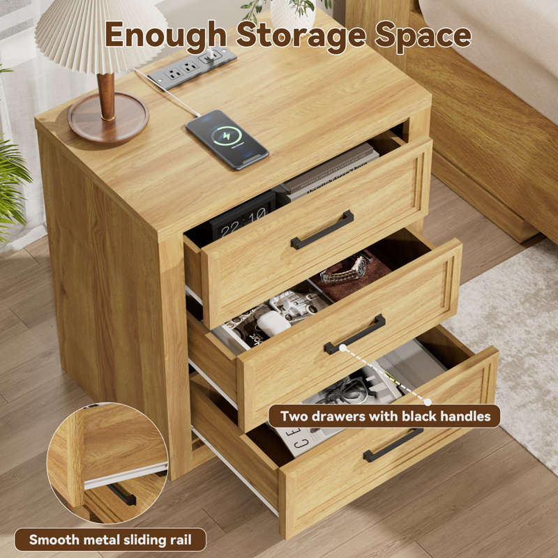 23.6''W 3-Drawer Nightstand with Charging Station, Modern Night Stand, Bedside End Table with Storage
