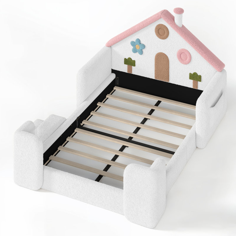 Lit tapissier en bois avec rails latéraux, tête de lit et lattes, Rose blanc