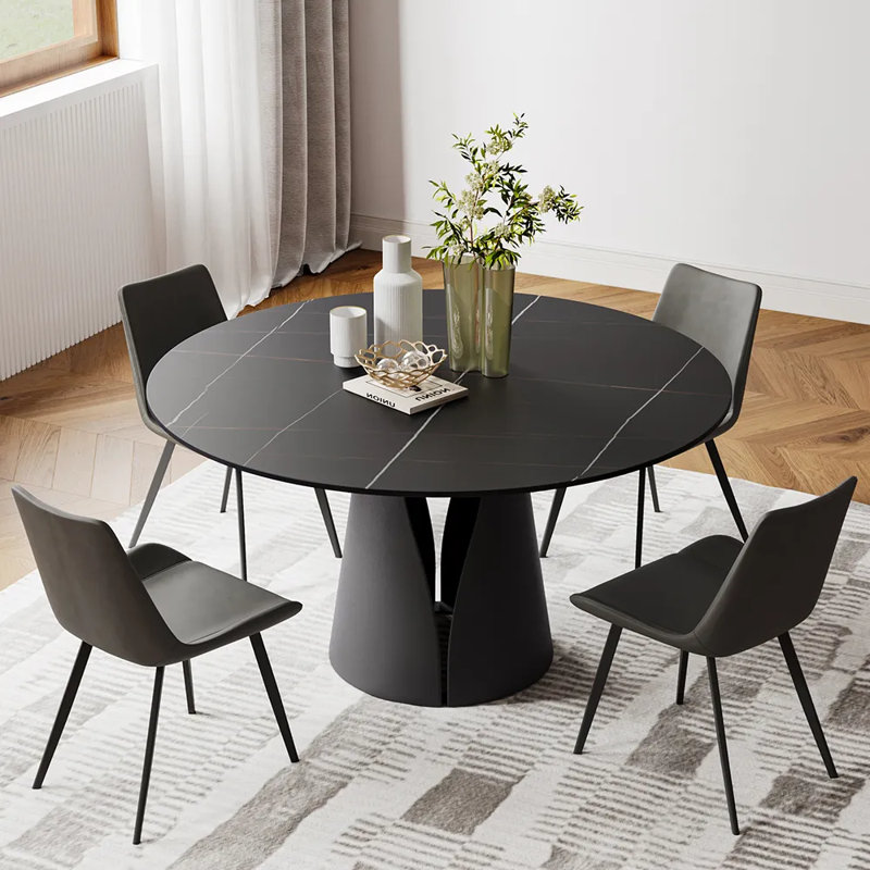 Modern Dining Room Sets, Pre-Assembly Round Dining Table Sets, Sintered Stone Tabletop Kitchen Dining Table Set With PU Upholstered Chairs