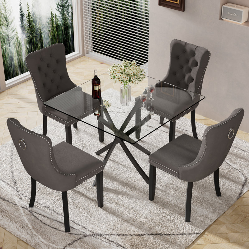 Ensemble de salle à manger à piédestal carré avec chaise capitonnée, 5, Gris
