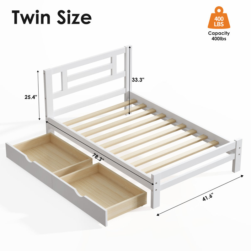 Twin Bed With 2 Storage Drawers, Solid Wood Platform Bed With Headboard, Twin Bed Frame For Teens Adults, Wood Slats Support, No Box Spring Needed, White