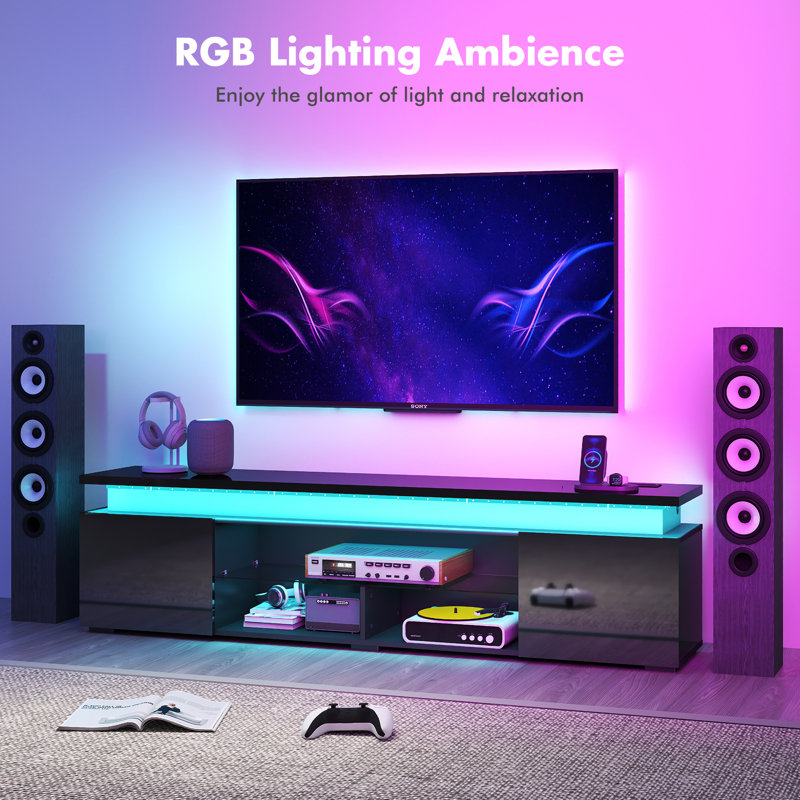 Modern TV Stand with RGB LED Lights for TVs up to 75 80 inch, media console with Power Outlet Entertainment Center for Living Room