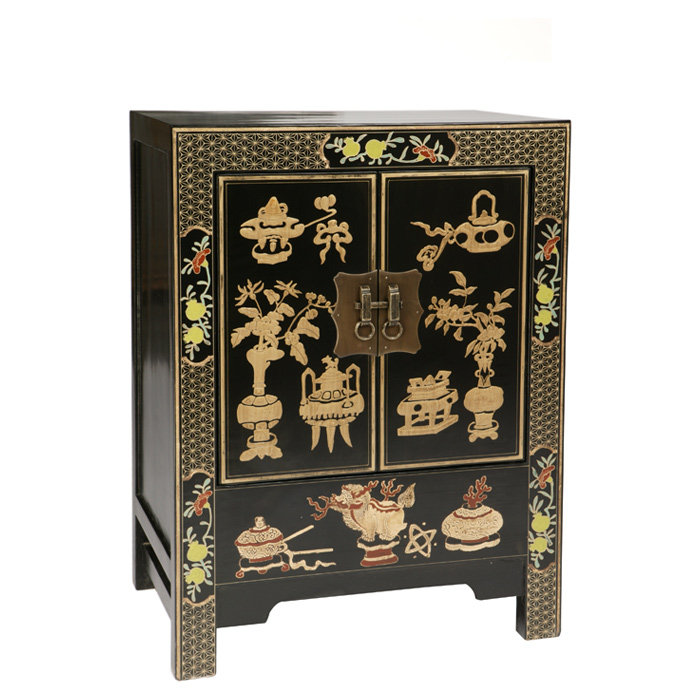 Hangzhou 59cm W Solid Wood Bedside Table, Black Lacquer