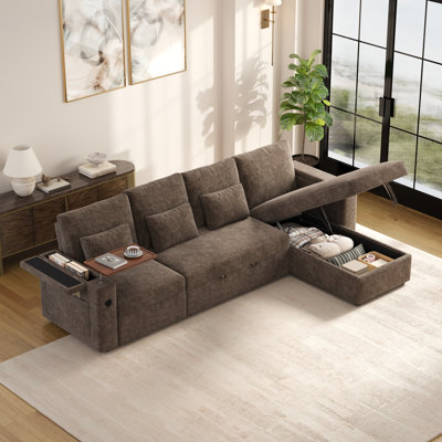 Canapé-lit convertible 108 po avec lit gigogne, rangement, ports de chargement USB et table d'appoint, canapé d'angle 3 en 1 avec accoudoirs à rangement dissimulé, kaki