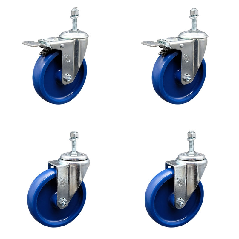 5 Inch SS Solid Poly 10mm Threaded Stem Caster Set 2 Total Lock Brake SCC