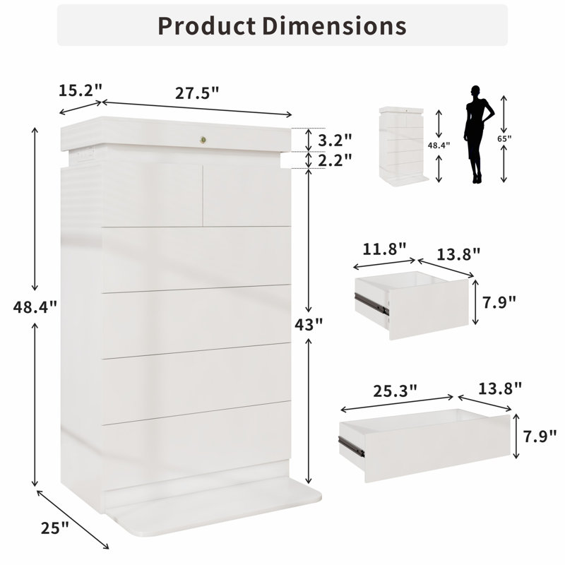  Commode moderne à 6 tiroirs 48,4 po avec lumières DEL, station de charge et rangement dissimulé, Blanc