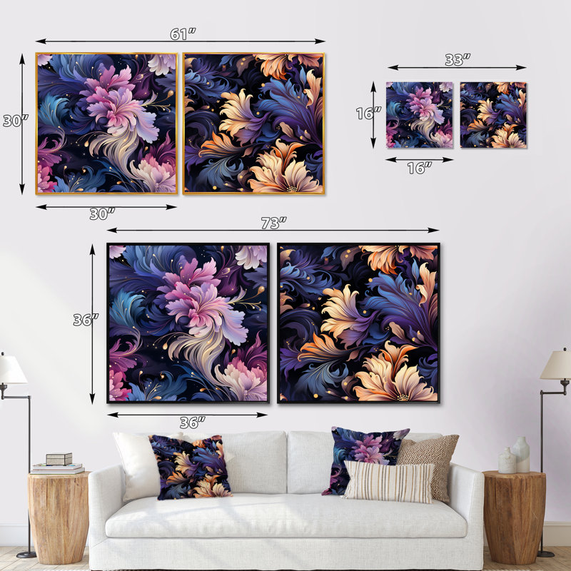 Nancy - Ensemble de 2 collages carrés botaniques abstraits, H 16 po x l 33 po, Cadre flottant blanc
