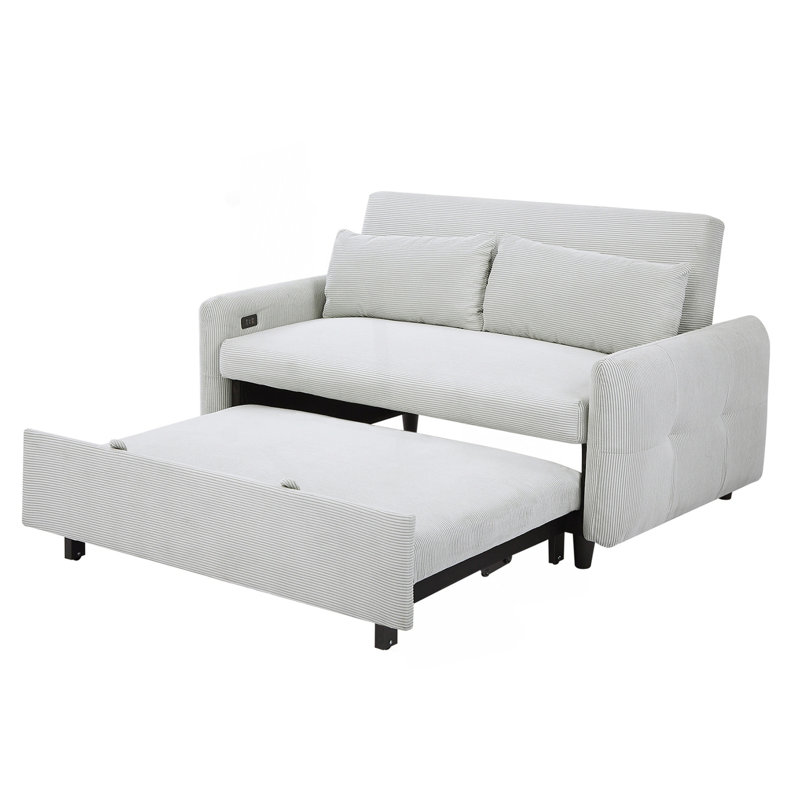 Convertible Pull-Out Sofa Bed with USB 2-Seat Loveseat Sleeper Couch Corduroy for Small Spaces, Light Blue 